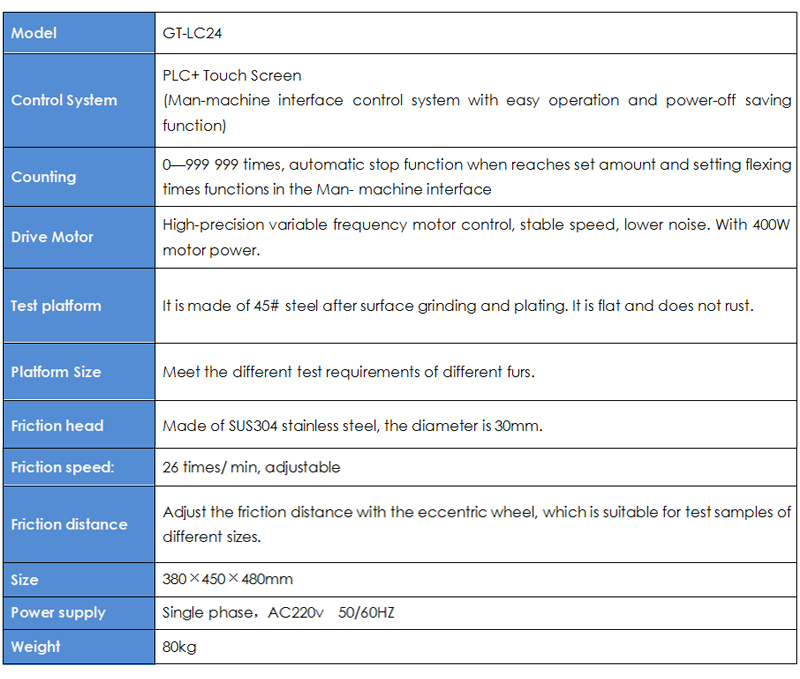 Dyeing Fur Abrasion Tester Key Specification